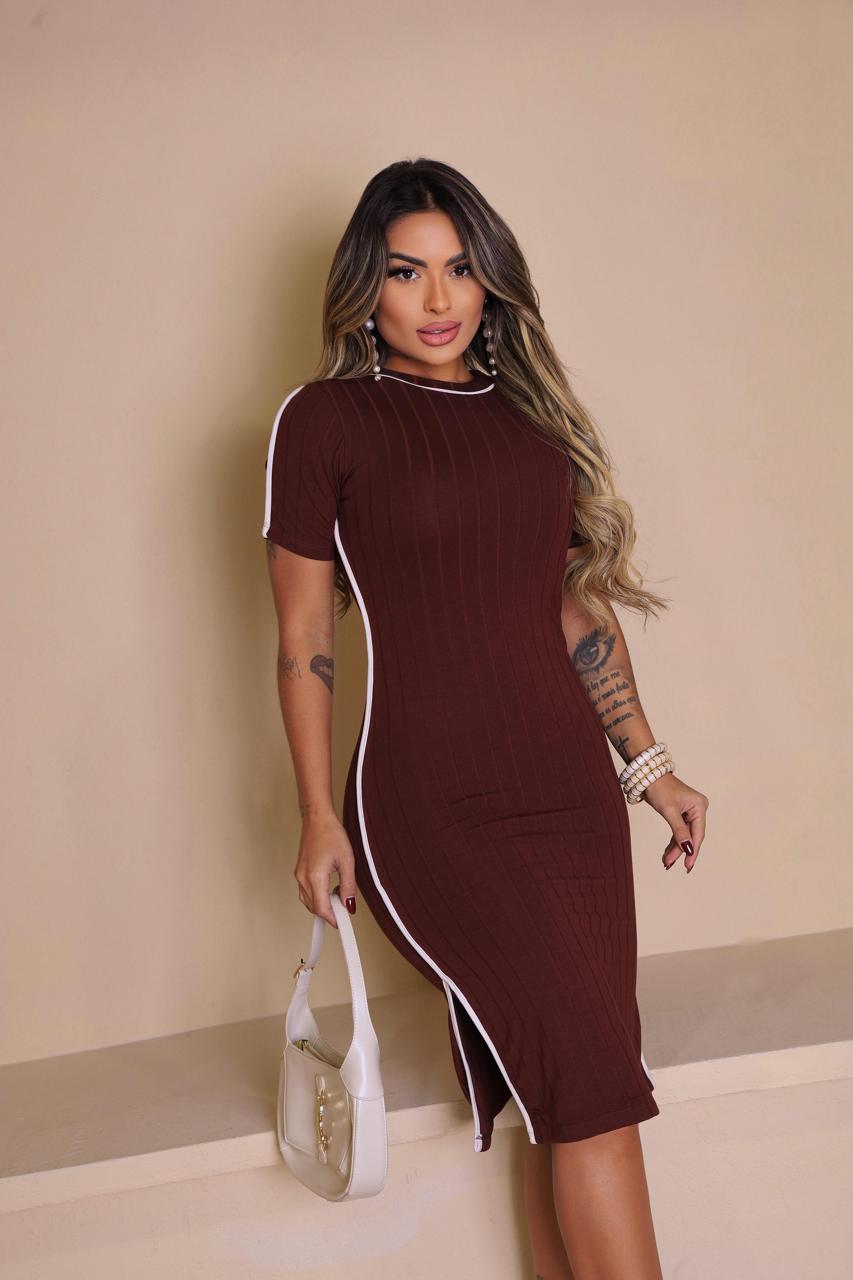 Vestido com Manga Canelado Midi C/ Viés Miss Girls Ref  61200