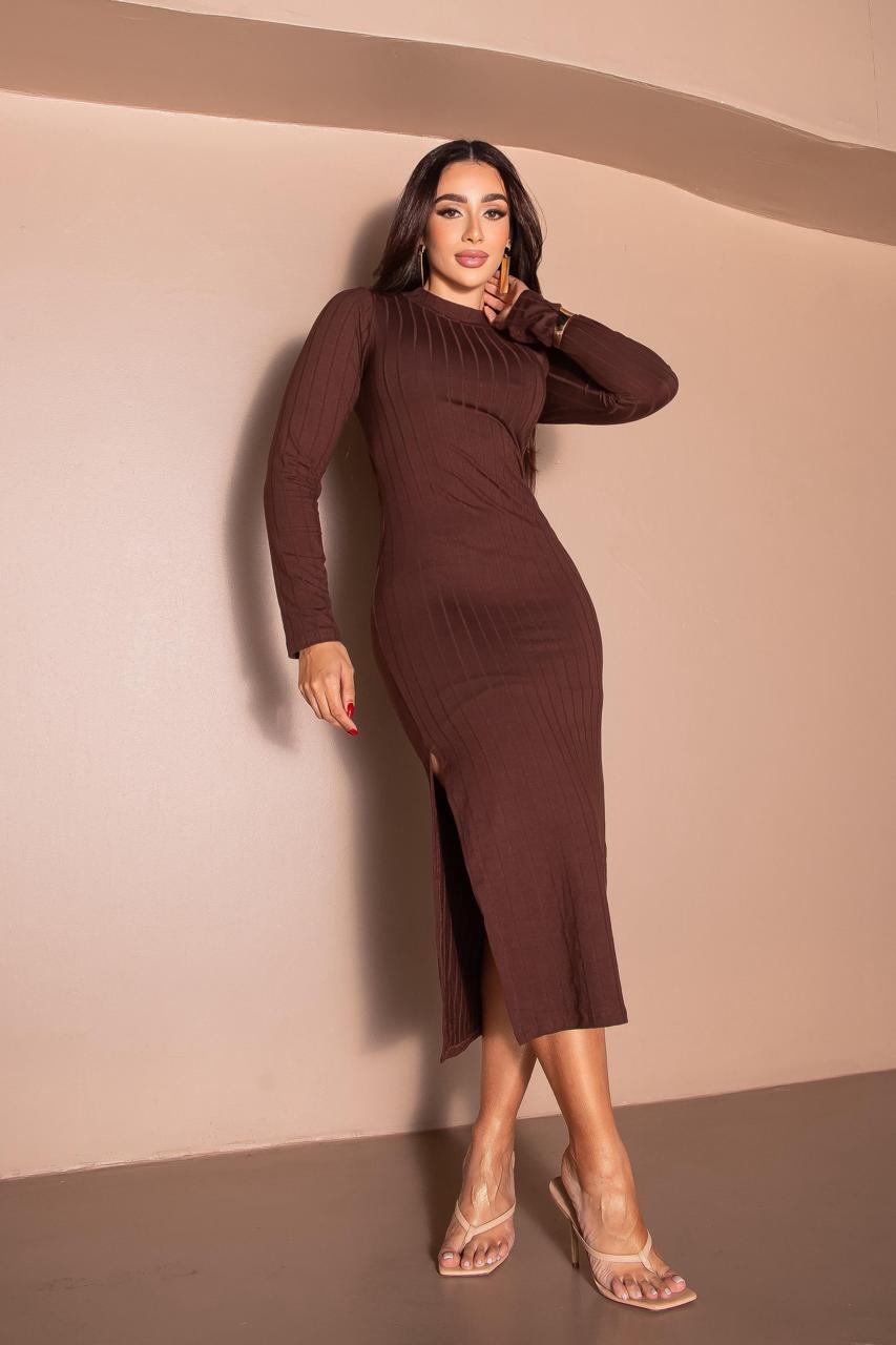 Vestido Canelado  longuete Clássico com Gola Ref. 61301