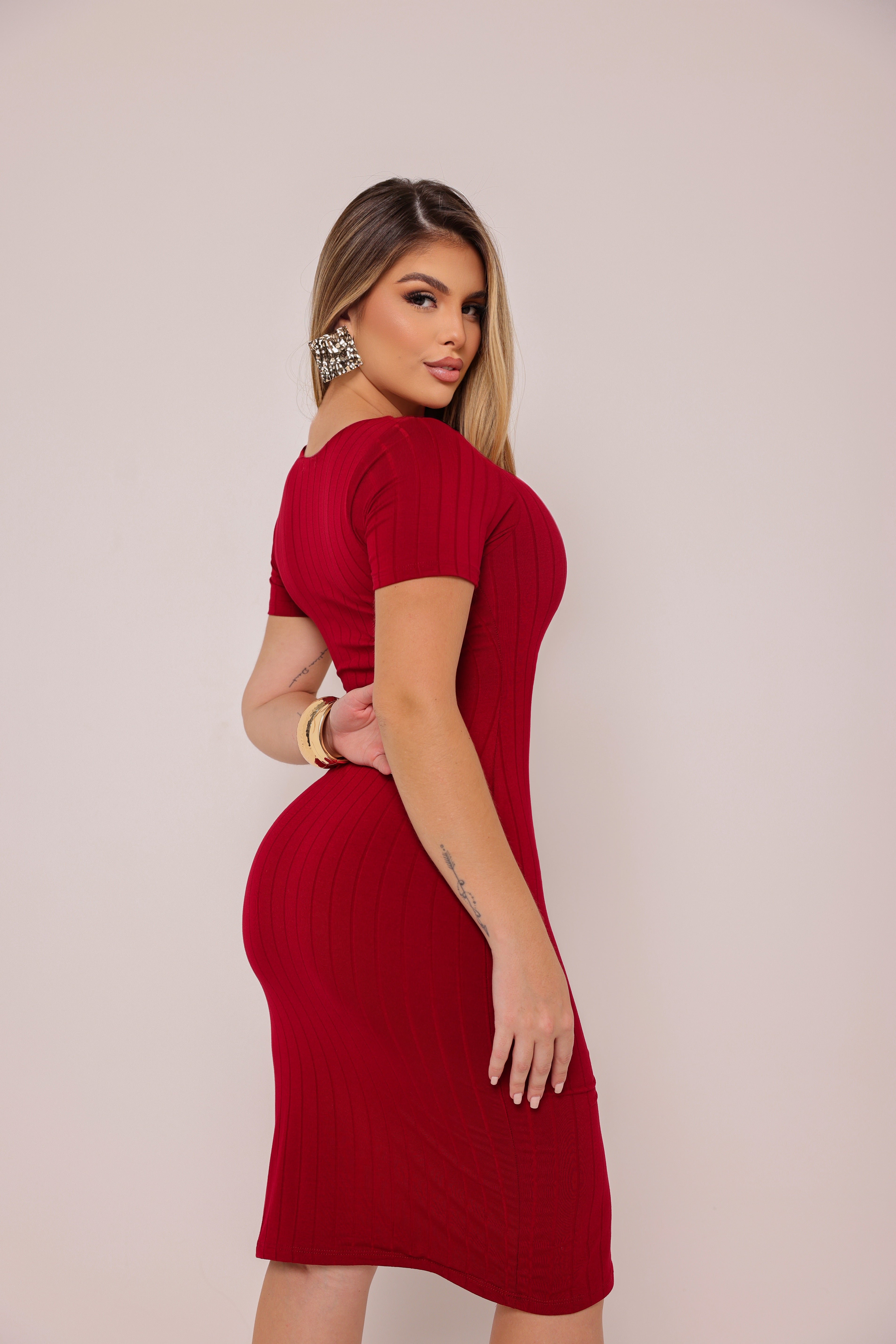Vestido Canelado Midi Manga Curta Miss Girls Ref 61148