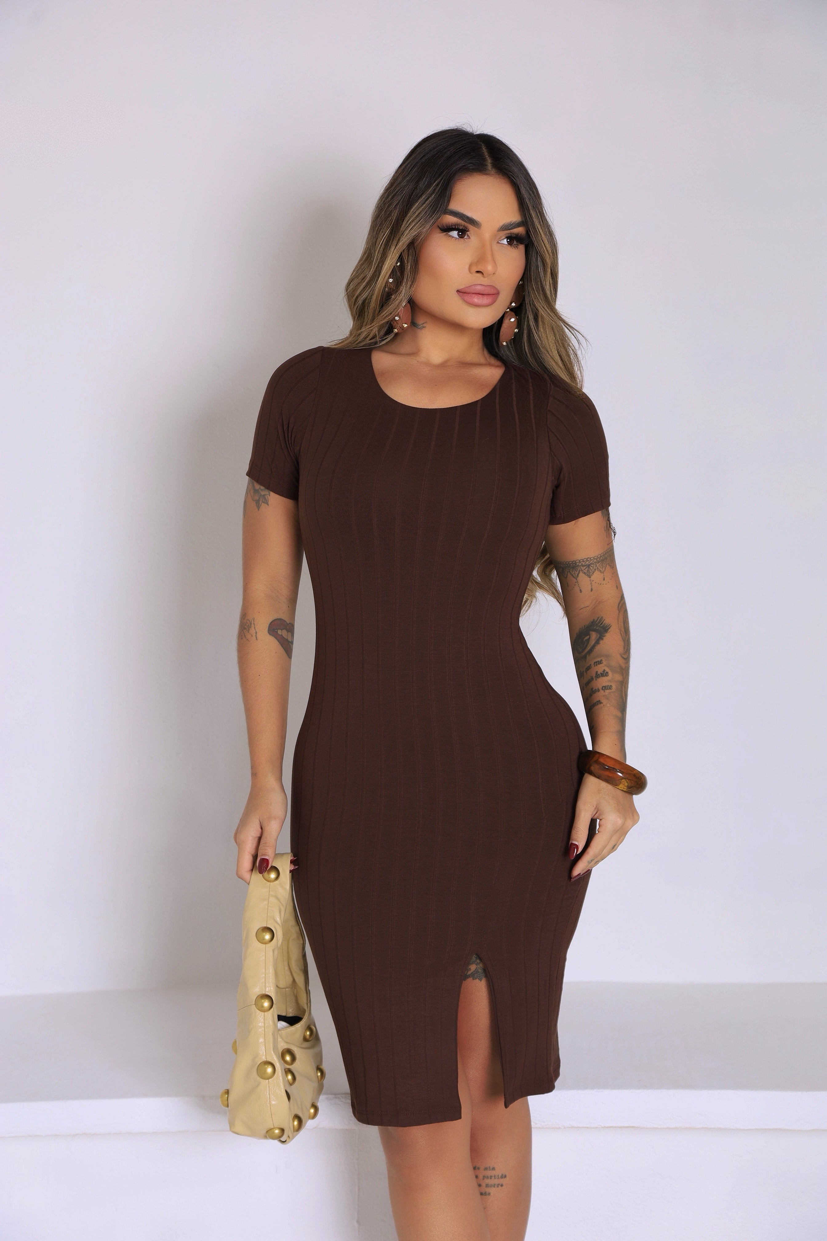 Vestido Canelado Midi Manga Curta Miss Girls Ref 61148