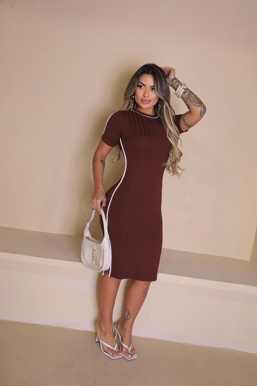 Vestido com Manga Canelado Midi C/ Viés Miss Girls Ref  61200