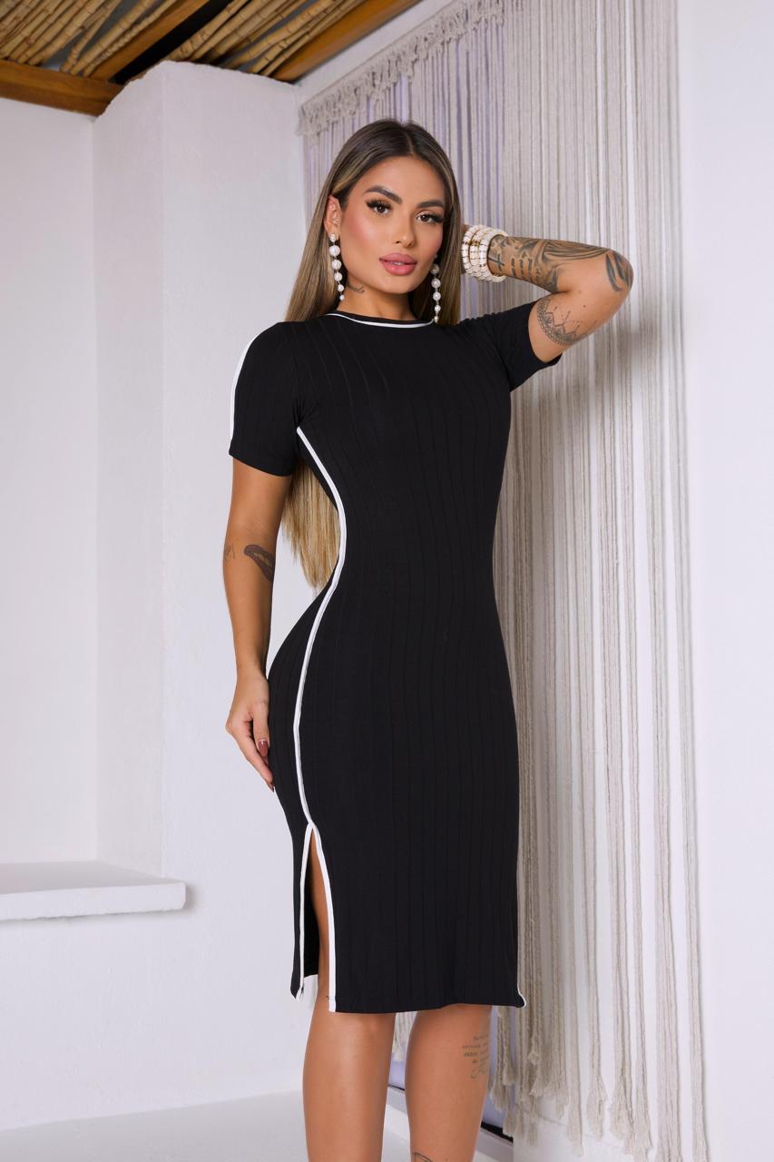 Vestido com Manga Canelado Midi C/ Viés Miss Girls Ref  61200