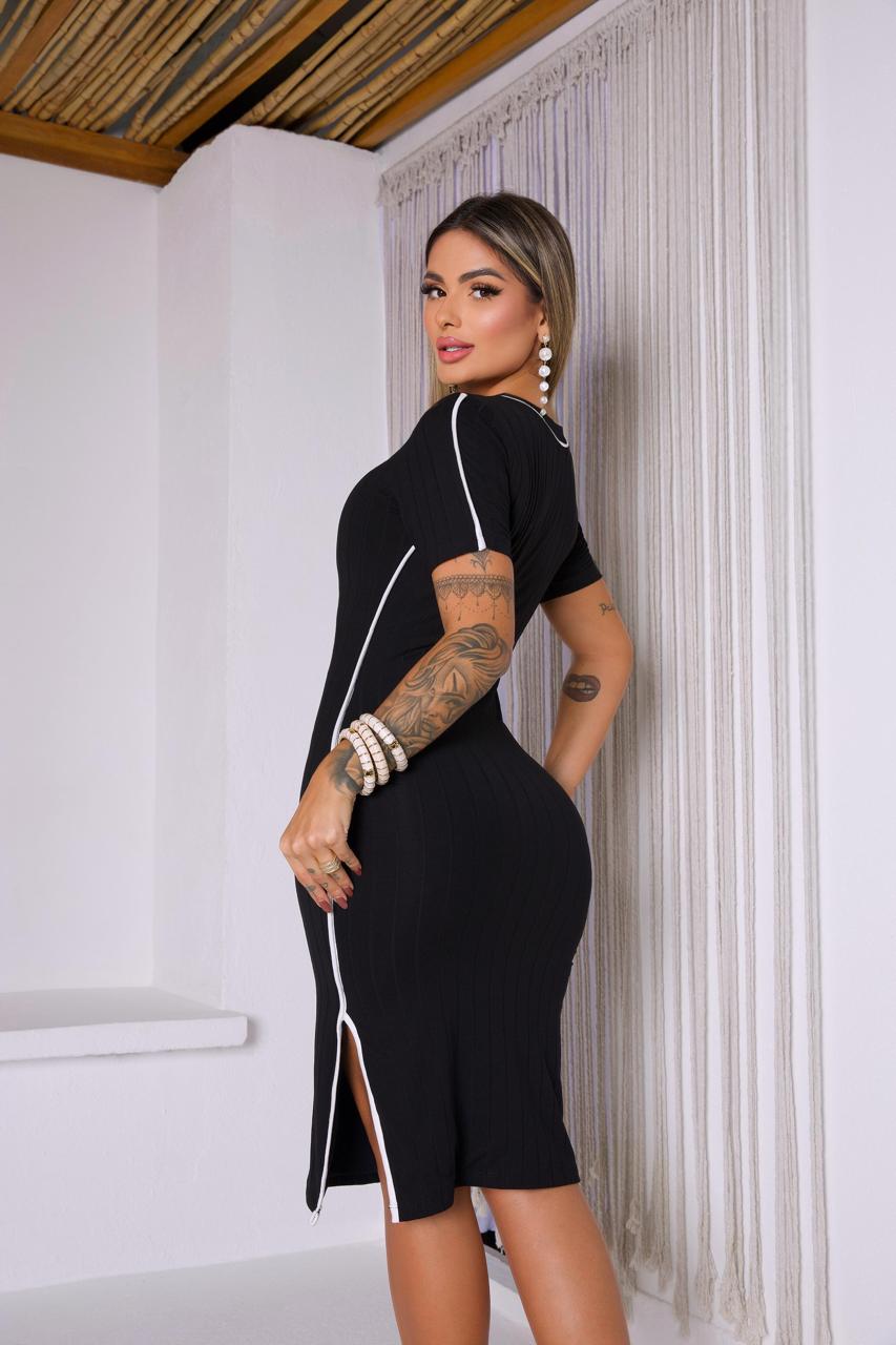 Vestido com Manga Canelado Midi C/ Viés Miss Girls Ref  61200