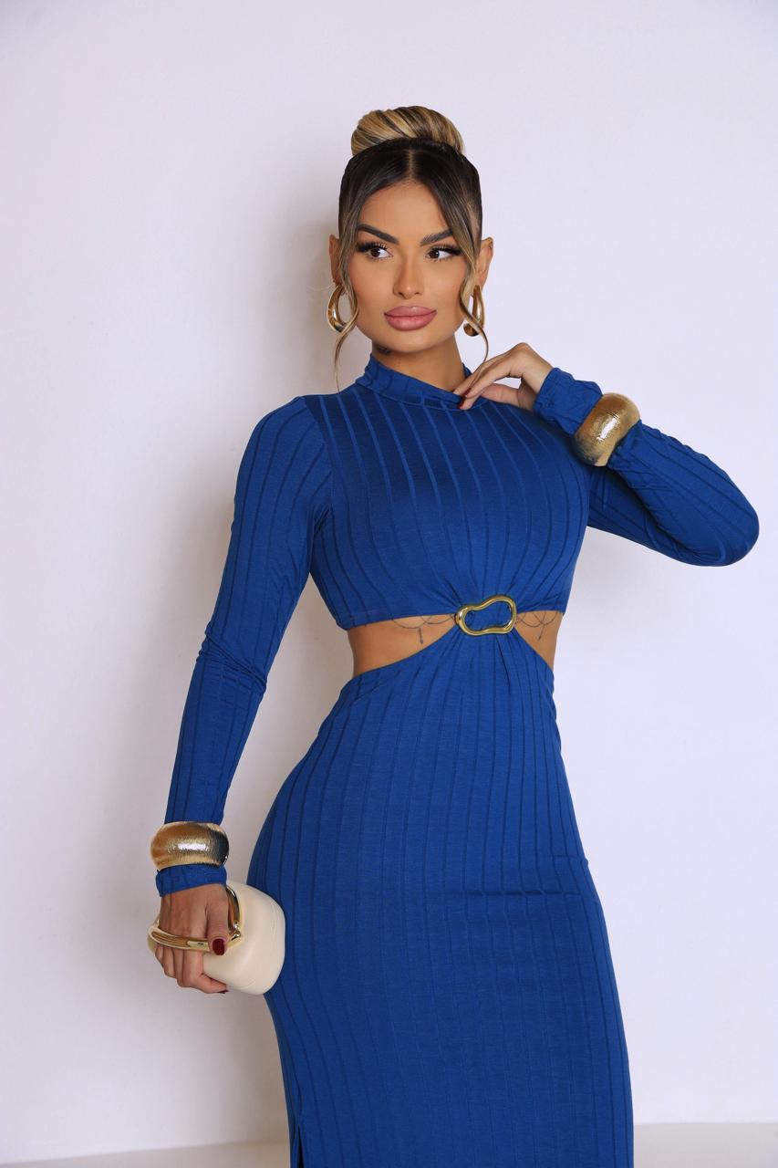 Vestido Canelado com Recorte na Cintura e Fivela Dourada Manga Longa - Miss Girls 61292