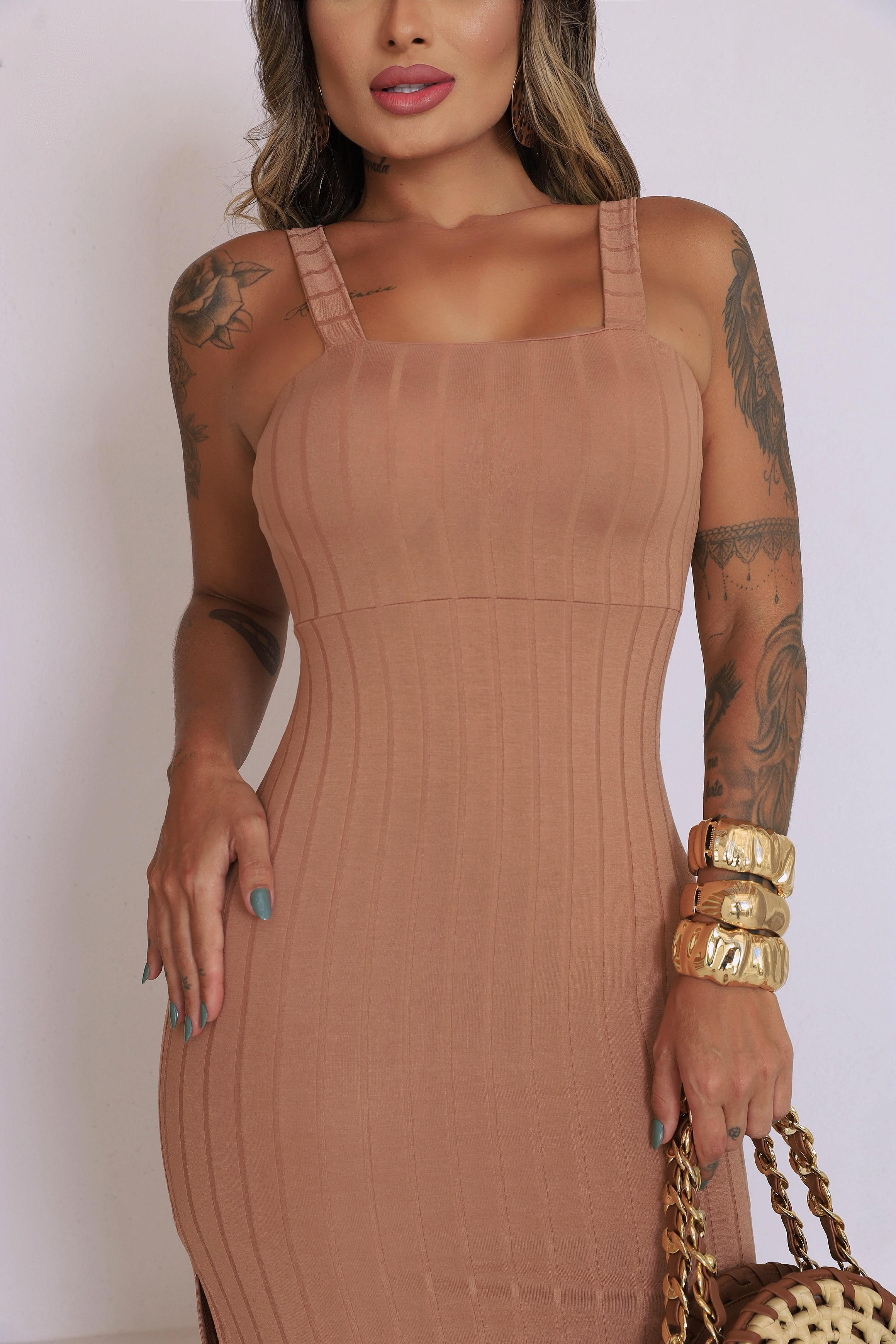 Vestido Canelado Midi de Alça C/ Bojo Miss Girls REF 61277