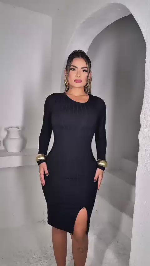 Vestido Canelado Midi Manga Longa Miss Girls Ref 61274